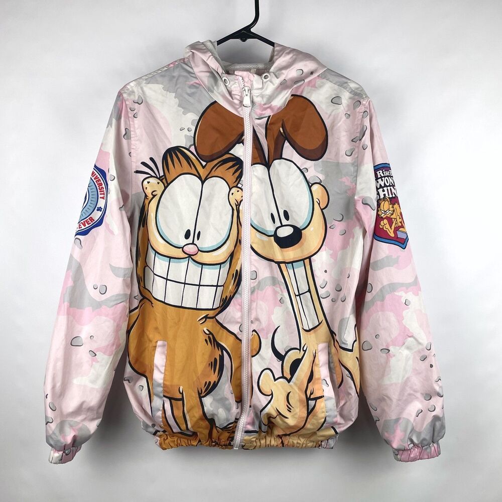 Members Only x Garfield Odie Pink Camo Windbreaker Jacket Hooded Women's Size S